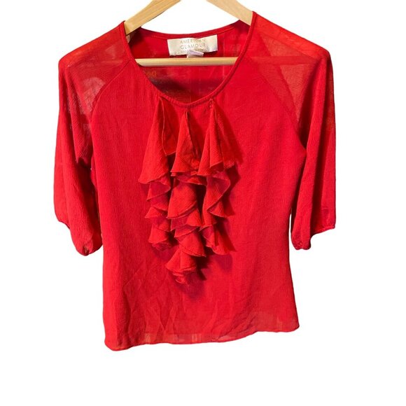American Glamour Badgley Mischka Red Romantic Ruffle Puff Sleeve Top Sz S - Picture 1 of 8